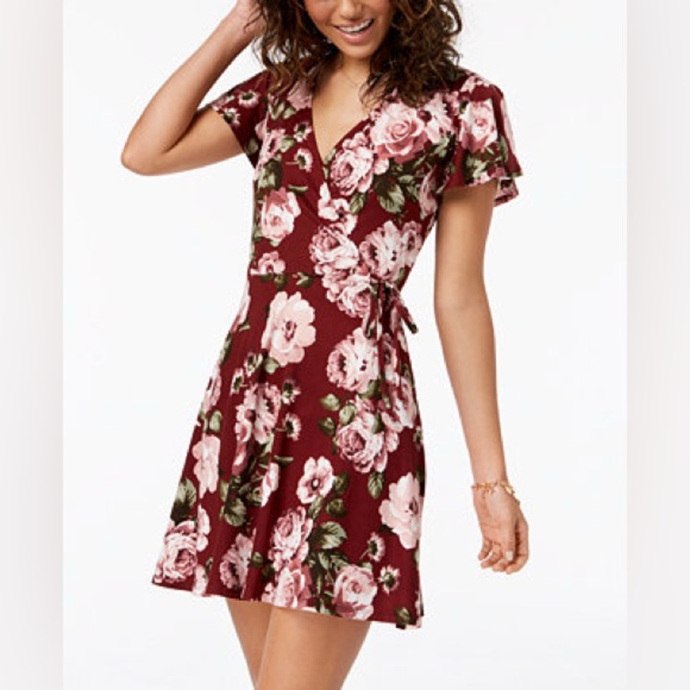 BCX NWT Burgundy and Pink Floral Faux Wrap fit & flare Mini Dress Size Small